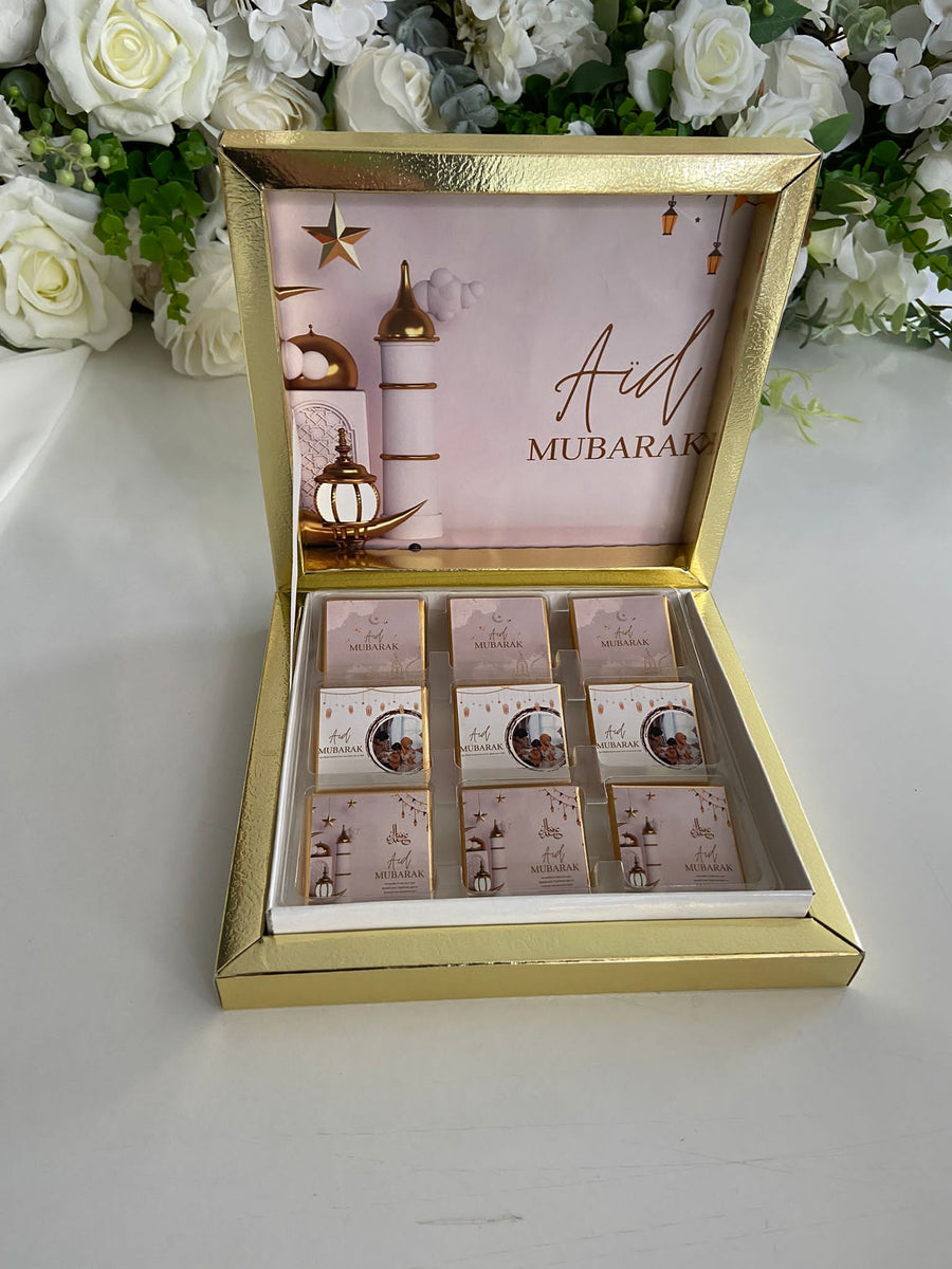Petite boite à chocolat doré personnalisée "Eid Mubarak"